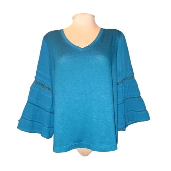 Fever Teal Green Stretch Bell Sleeve V-Neck Blouse Size L - Picture 1 of 8